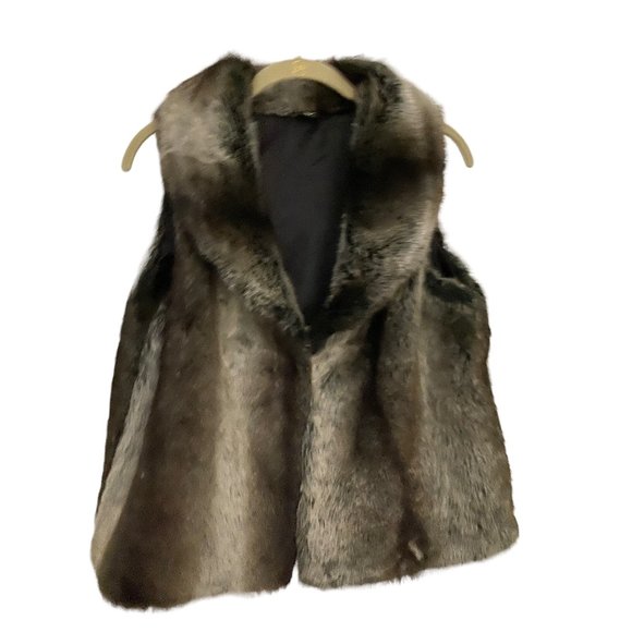 Woodland Faux Fur Cashmere Vest Round Foldover Collar Hook Eye SZ S Brown Cream - Picture 1 of 4